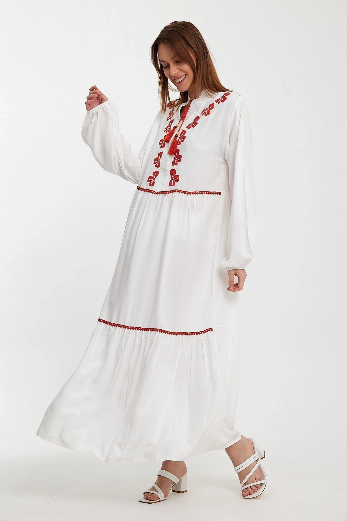 VP1005 Hakim Yaka Bağcıklı Nakış Dty.Balok Kol Uzun Elbise BEYAZ