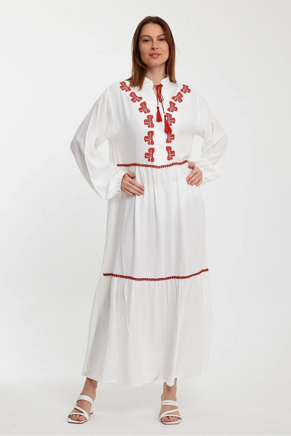 VP1005 Hakim Yaka Bağcıklı Nakış Dty.Balok Kol Uzun Elbise BEYAZ