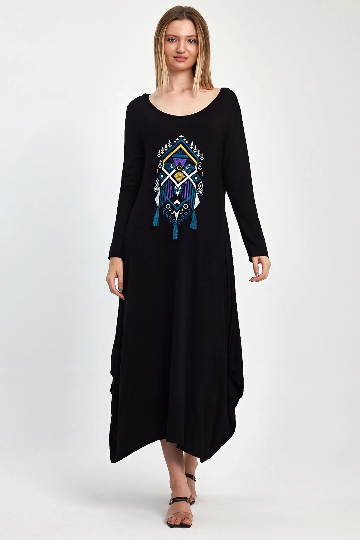 VP1006 Uzun Kol Nakış Detaylı Cepli Viskon Elbise SIYAH