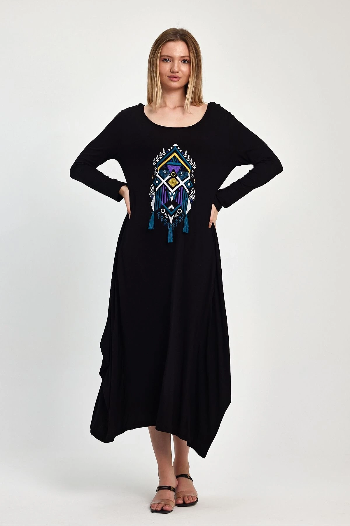 VP1006 Uzun Kol Nakış Detaylı Cepli Viskon Elbise SIYAH