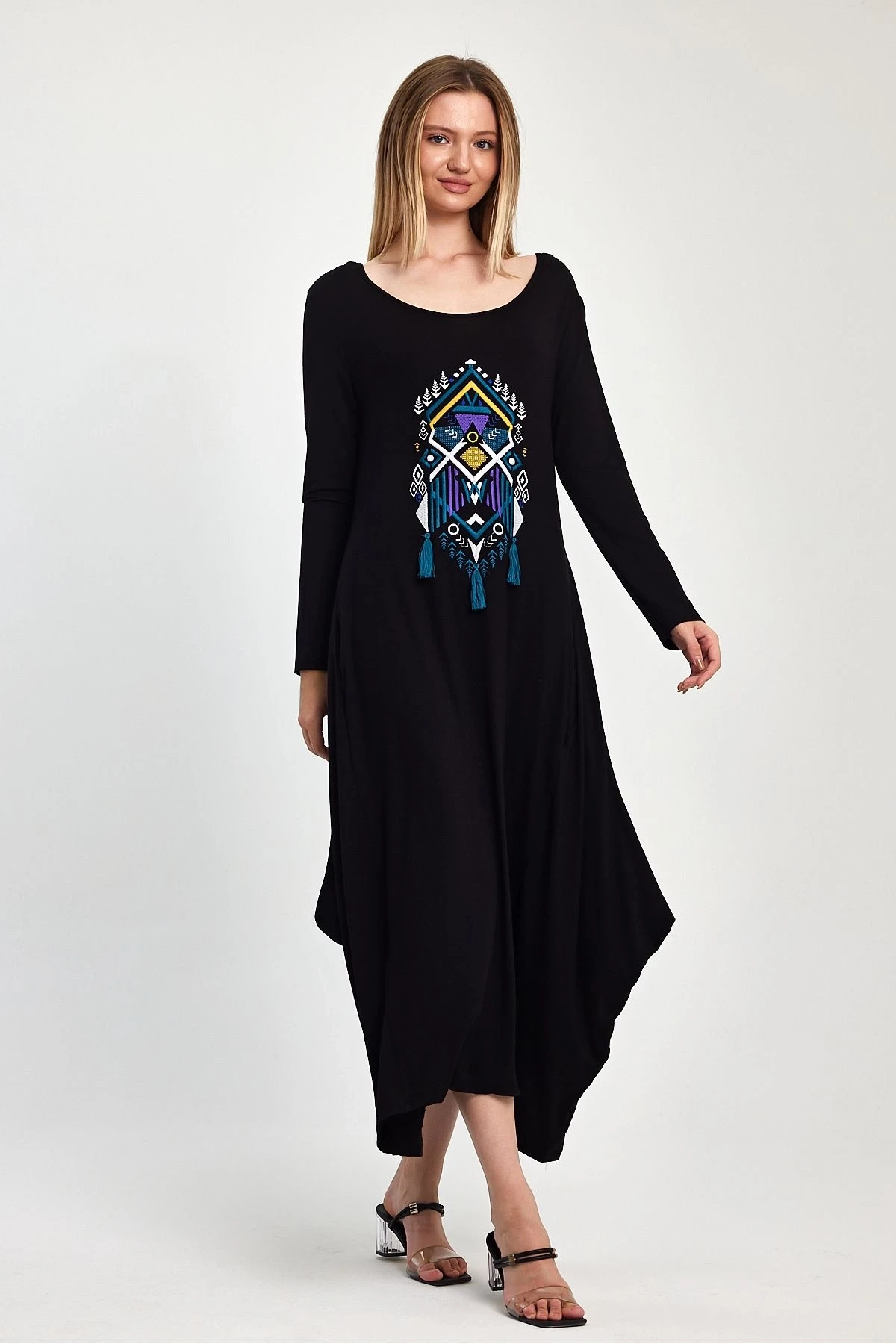 VP1006 Uzun Kol Nakış Detaylı Cepli Viskon Elbise SIYAH