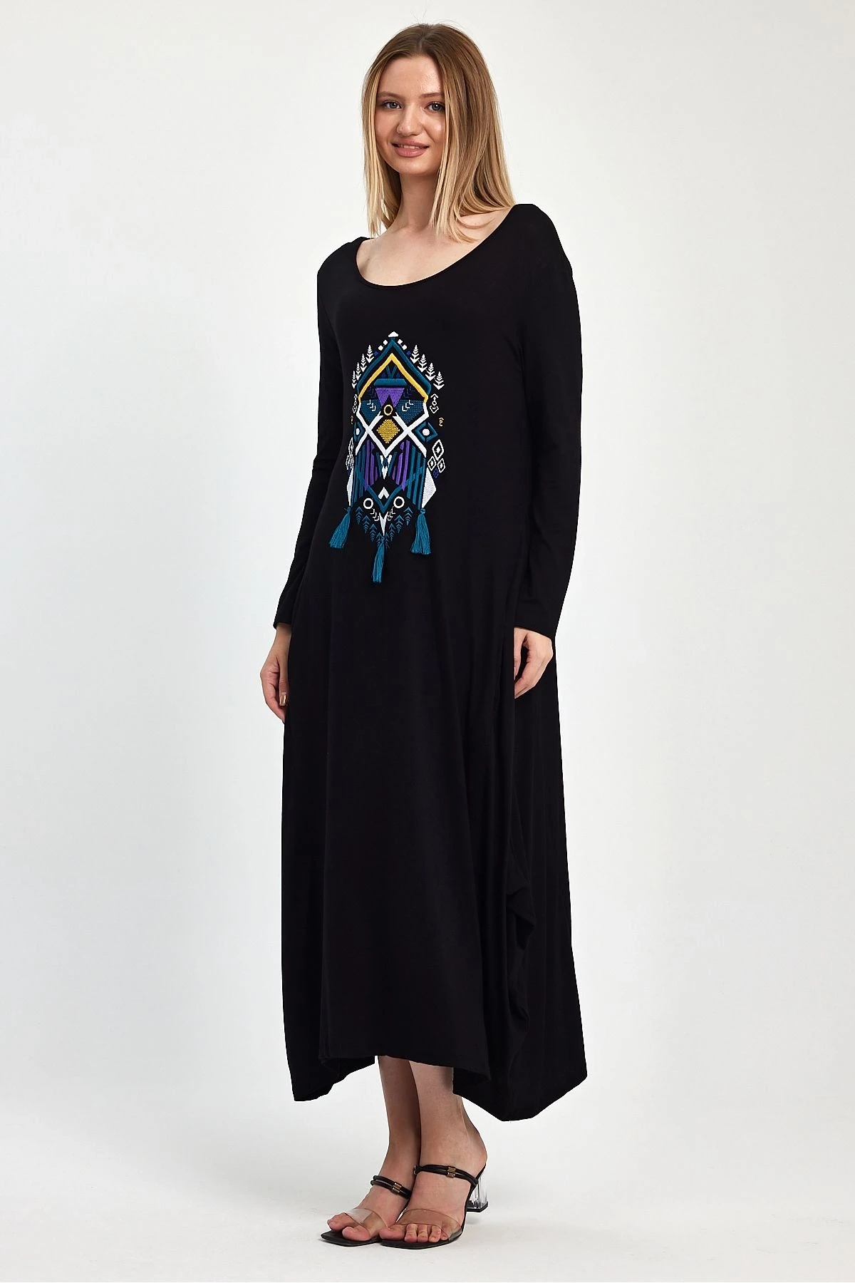 VP1006 Uzun Kol Nakış Detaylı Cepli Viskon Elbise SIYAH