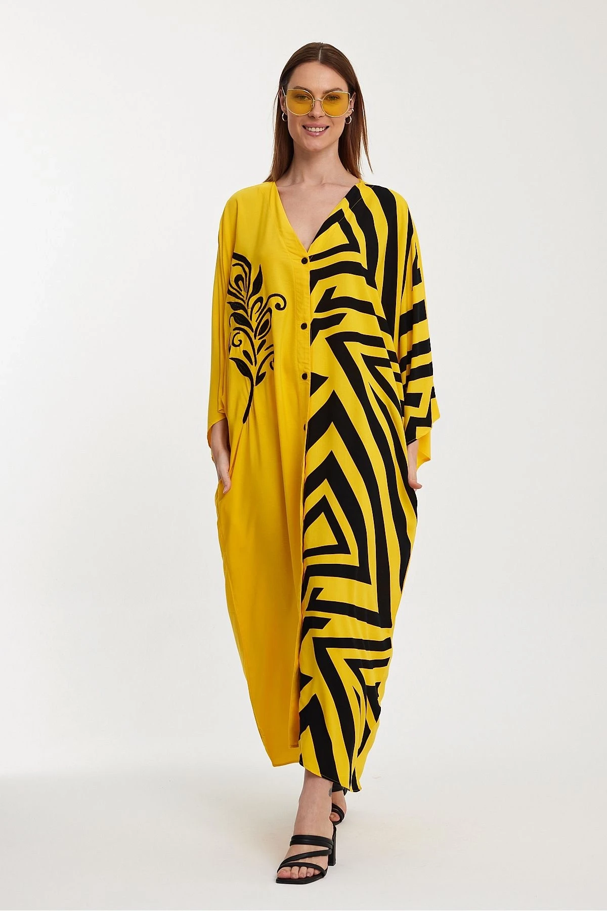 VP1016 Otantik Desenli Büyük Beden Gömlek Elbise SARI