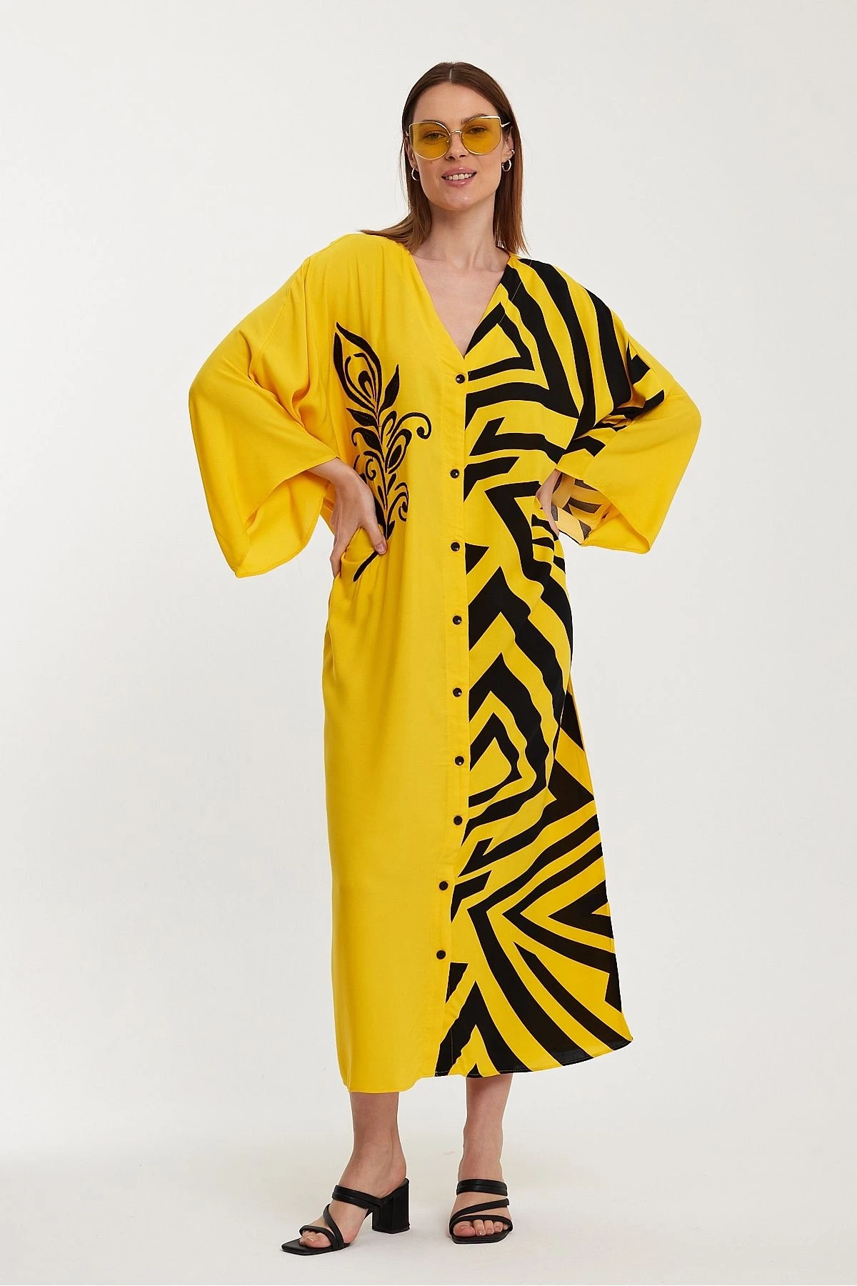 VP1016 Otantik Desenli Büyük Beden Gömlek Elbise SARI