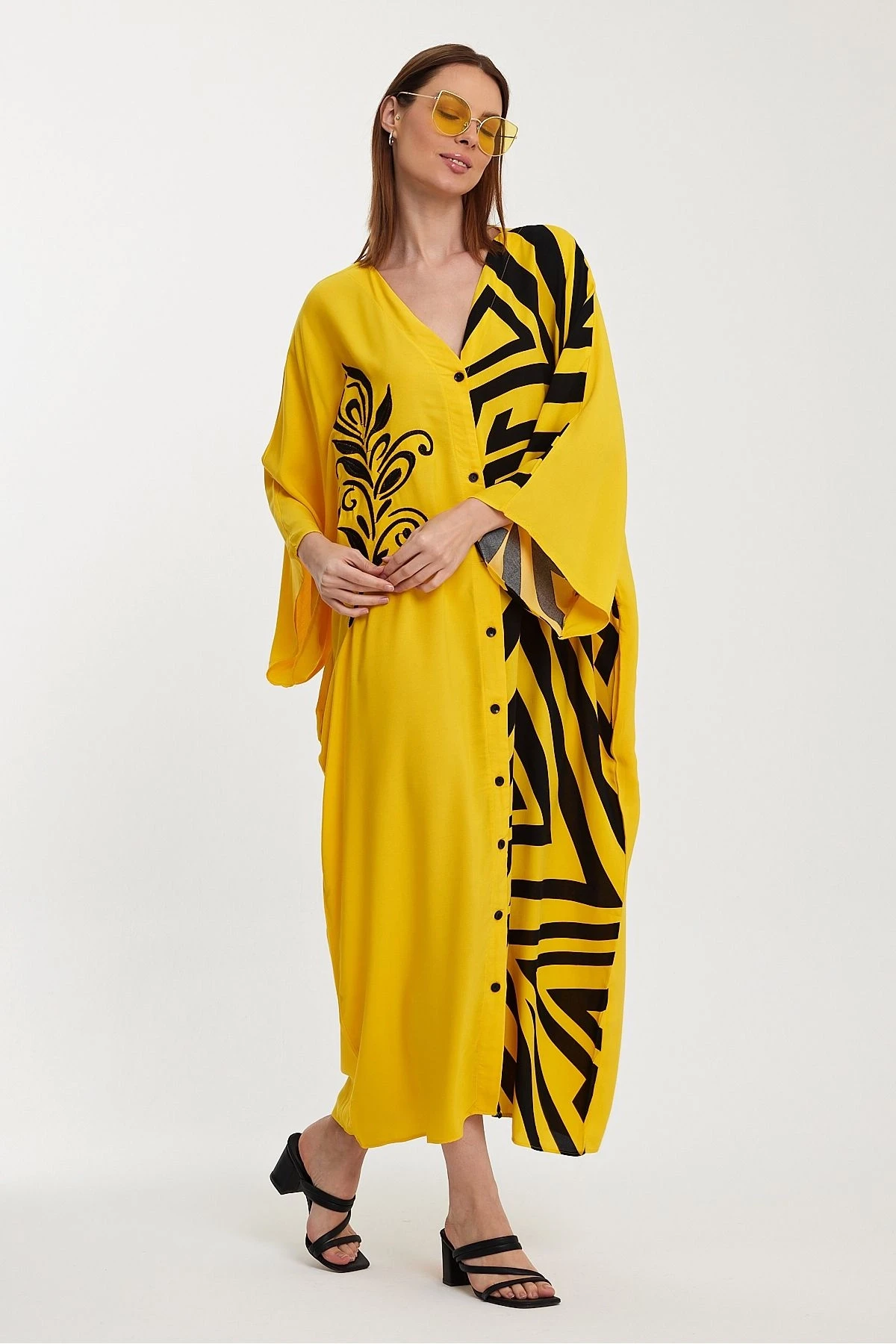 VP1016 Otantik Desenli Büyük Beden Gömlek Elbise SARI