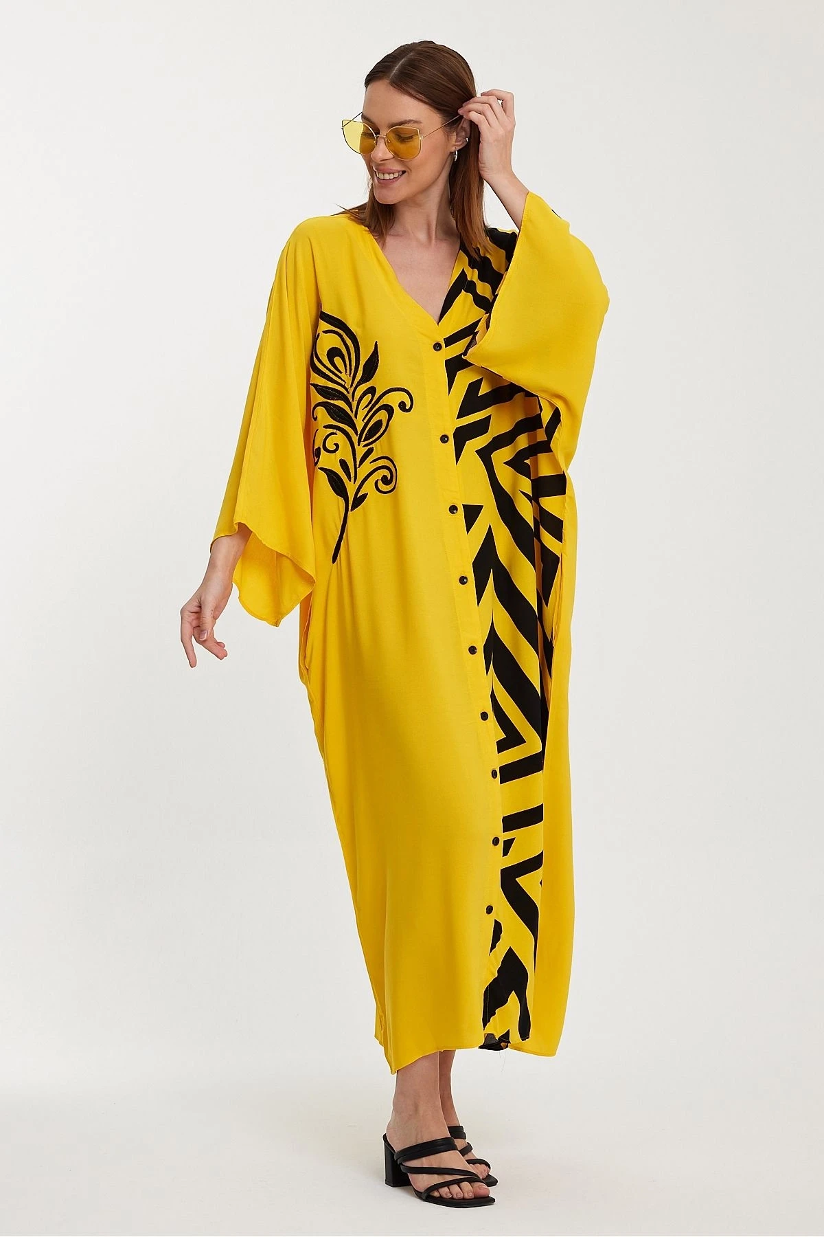VP1016 Otantik Desenli Büyük Beden Gömlek Elbise SARI