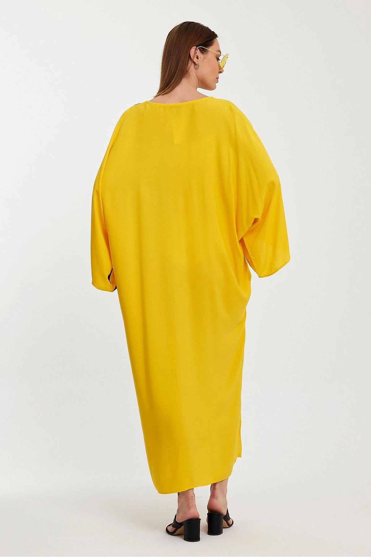 VP1016 Otantik Desenli Büyük Beden Gömlek Elbise SARI