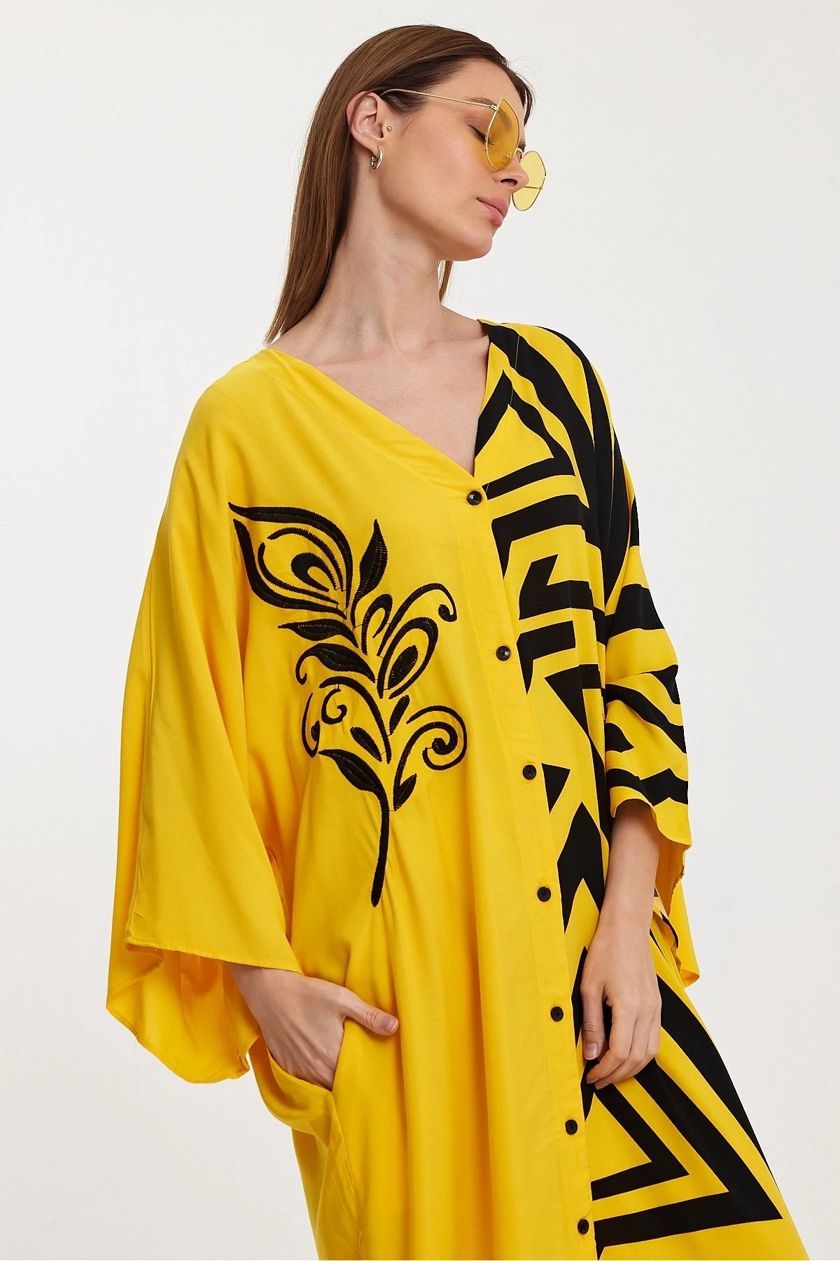 VP1016 Otantik Desenli Büyük Beden Gömlek Elbise SARI