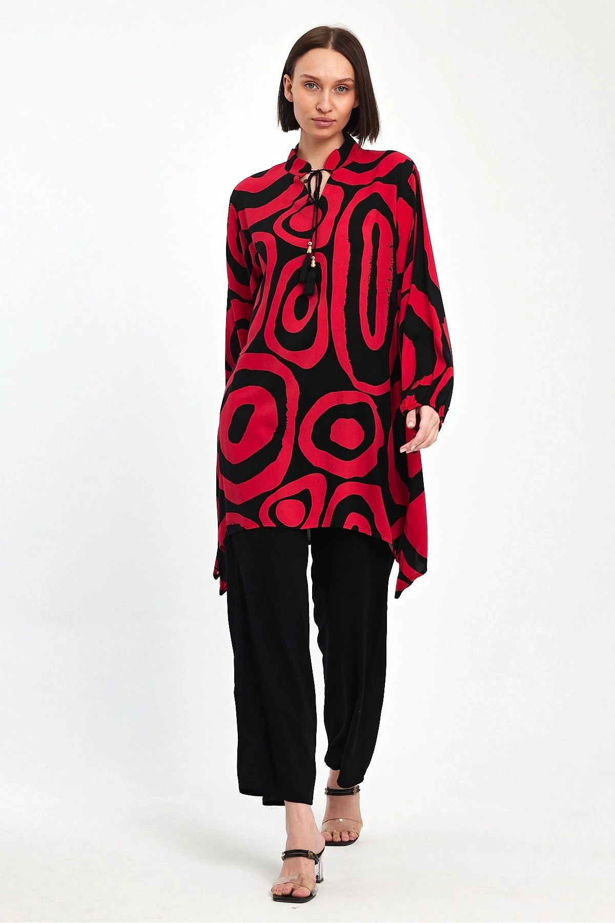 VP1017 Hakim Yaka Bağlamalı Desenli İkili Takım KIRMIZI