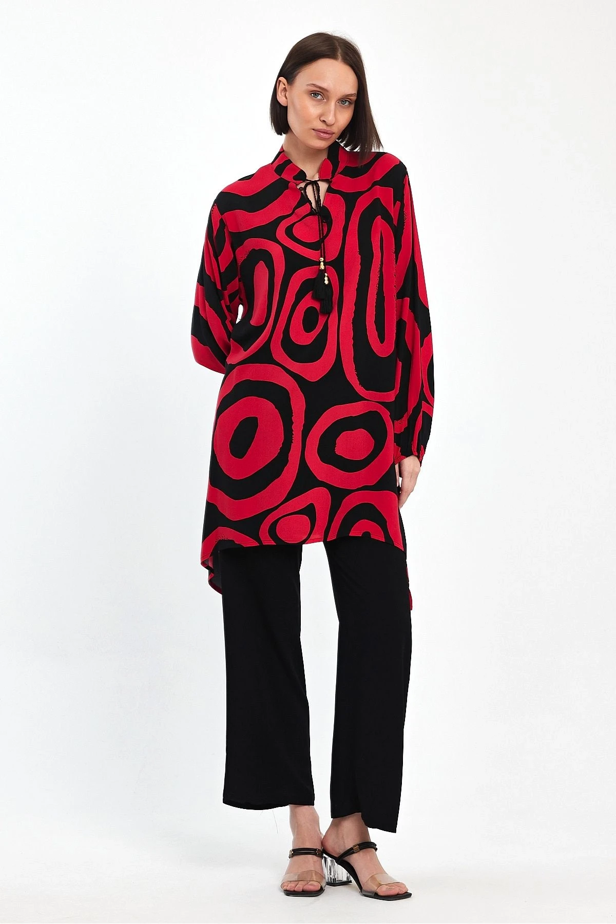 VP1017 Hakim Yaka Bağlamalı Desenli İkili Takım KIRMIZI