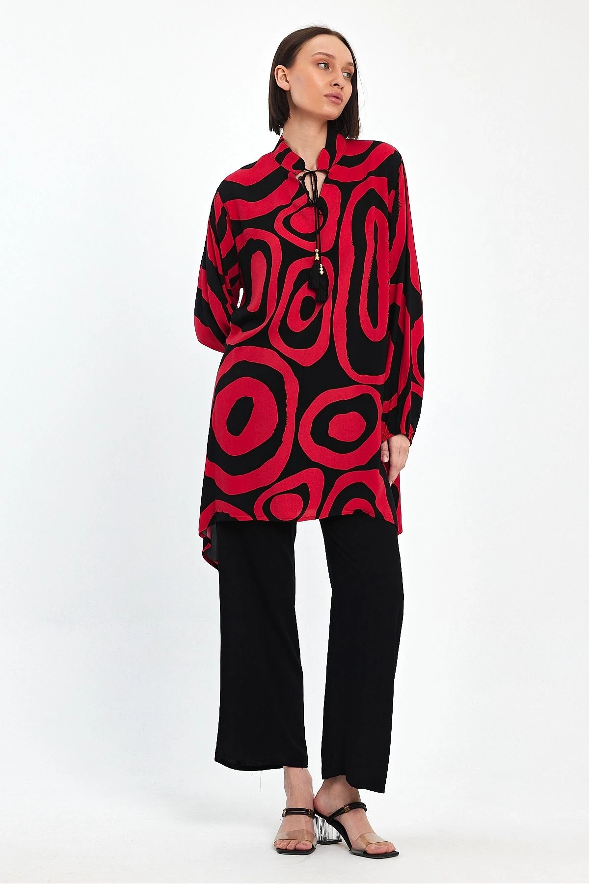 VP1017 Hakim Yaka Bağlamalı Desenli İkili Takım KIRMIZI