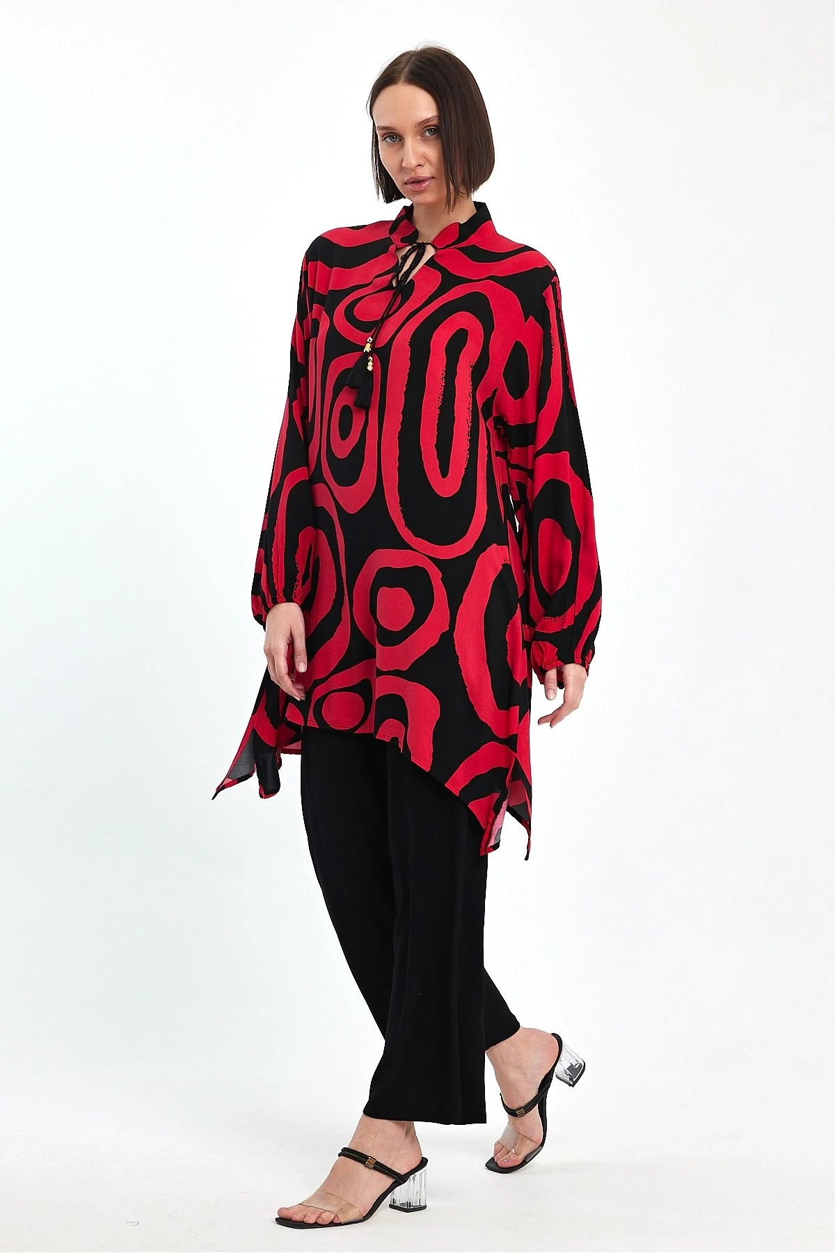 VP1017 Hakim Yaka Bağlamalı Desenli İkili Takım KIRMIZI