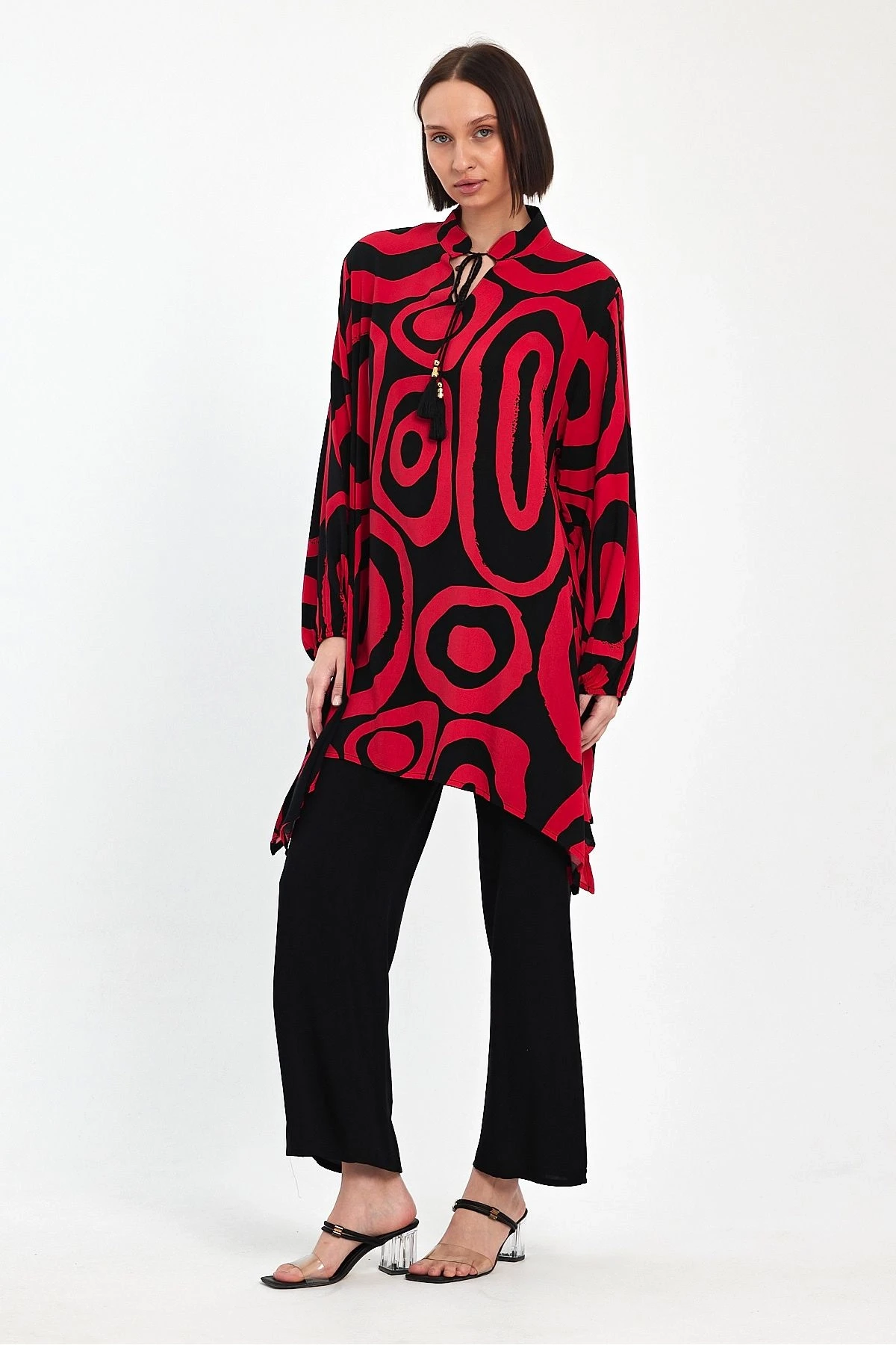 VP1017 Hakim Yaka Bağlamalı Desenli İkili Takım KIRMIZI