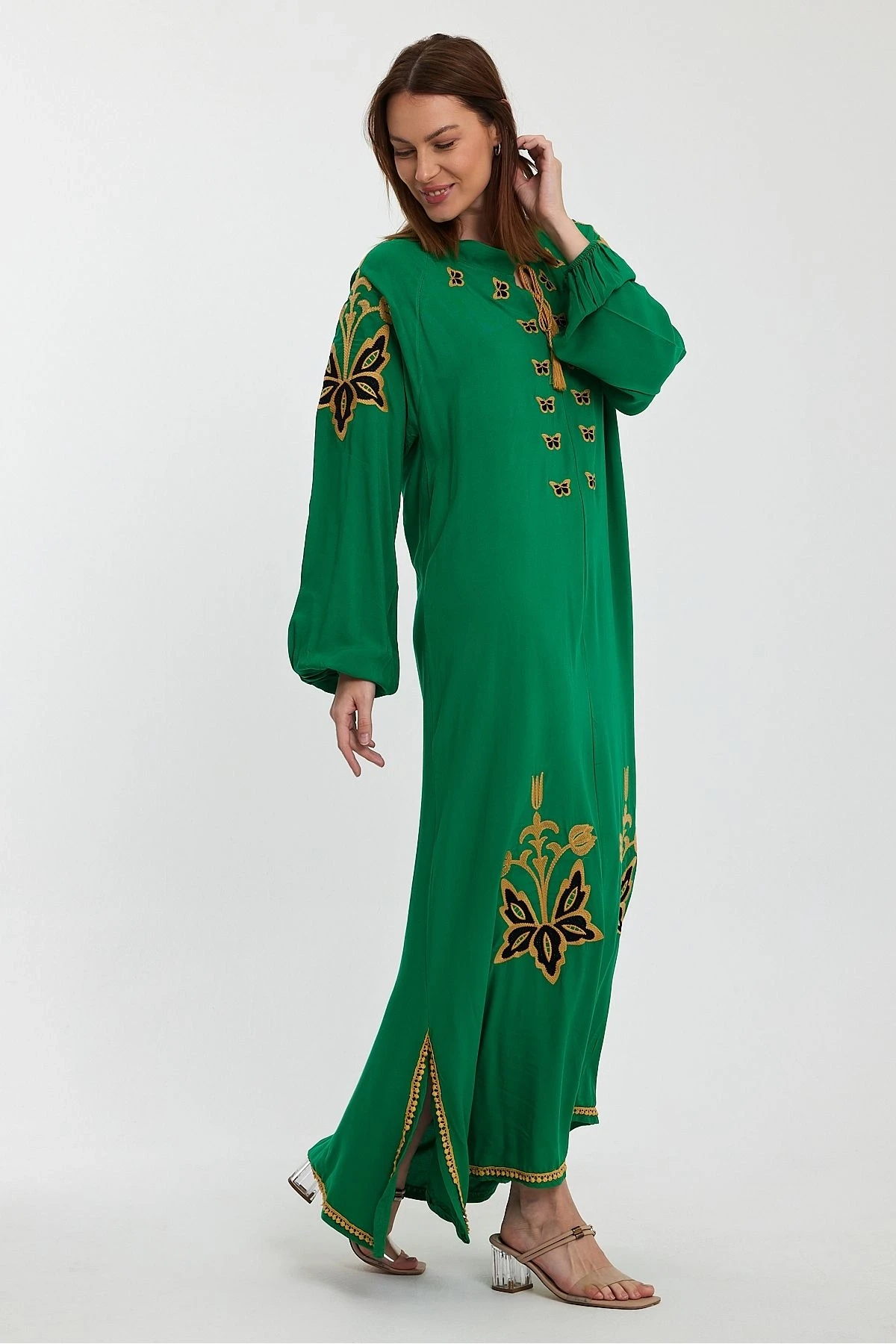 VP1026 Hakim Yaka Nakış Dty Balon Kol Uzun Viskon Elbise YESIL