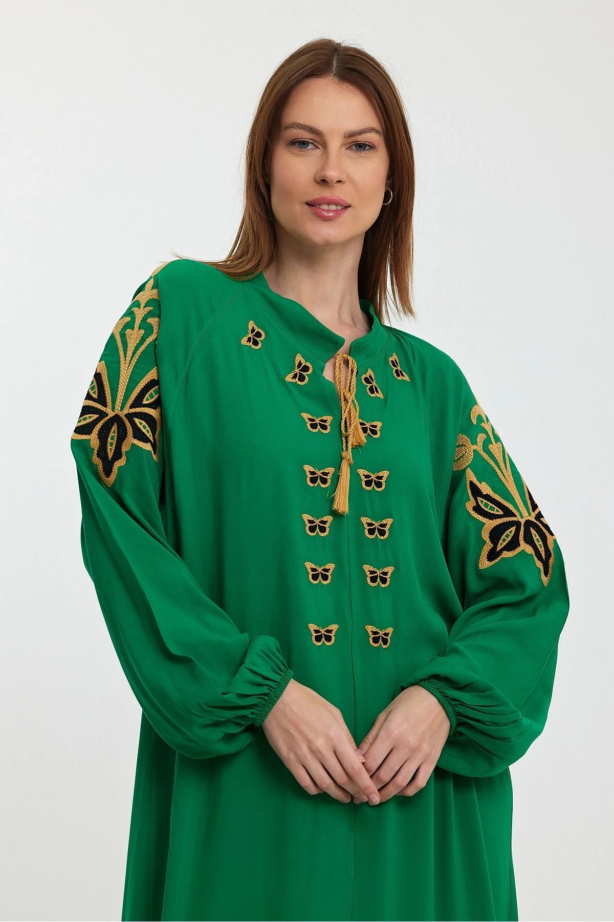 VP1026 Hakim Yaka Nakış Dty Balon Kol Uzun Viskon Elbise YESIL