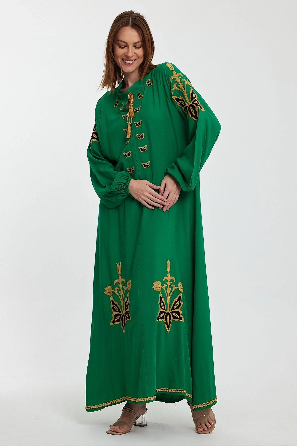 VP1026 Hakim Yaka Nakış Dty Balon Kol Uzun Viskon Elbise YESIL