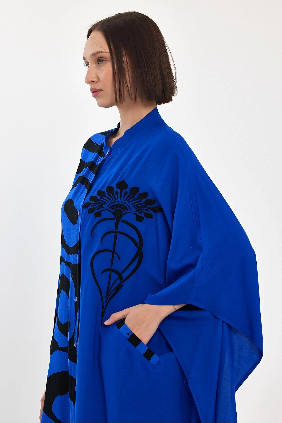 VP1033 Hakim Yk Baskı ve Nakış Dty Büyük Beden Gömlek Elbise MAVI