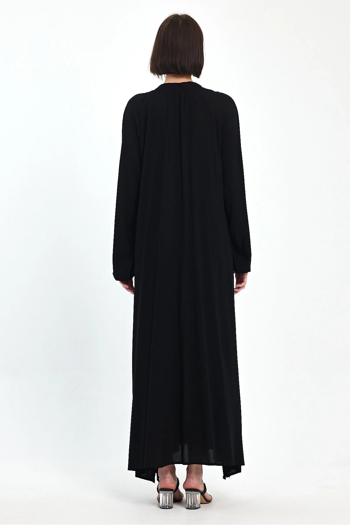 VP1036 Yaka Bağcıklı Çiçek Nakış Dty Balon Kol Uzun Elbise SIYAH