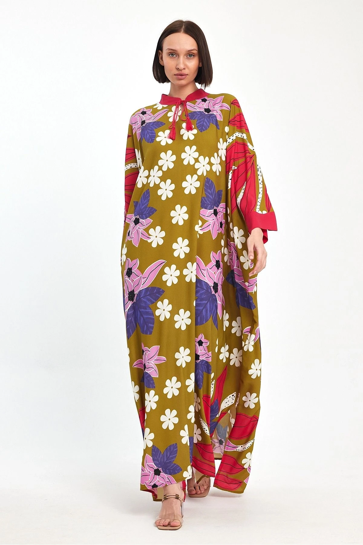 VP1069 Hakim Yaka Çiçek Desenli Büyük Beden Elbise HARDAL