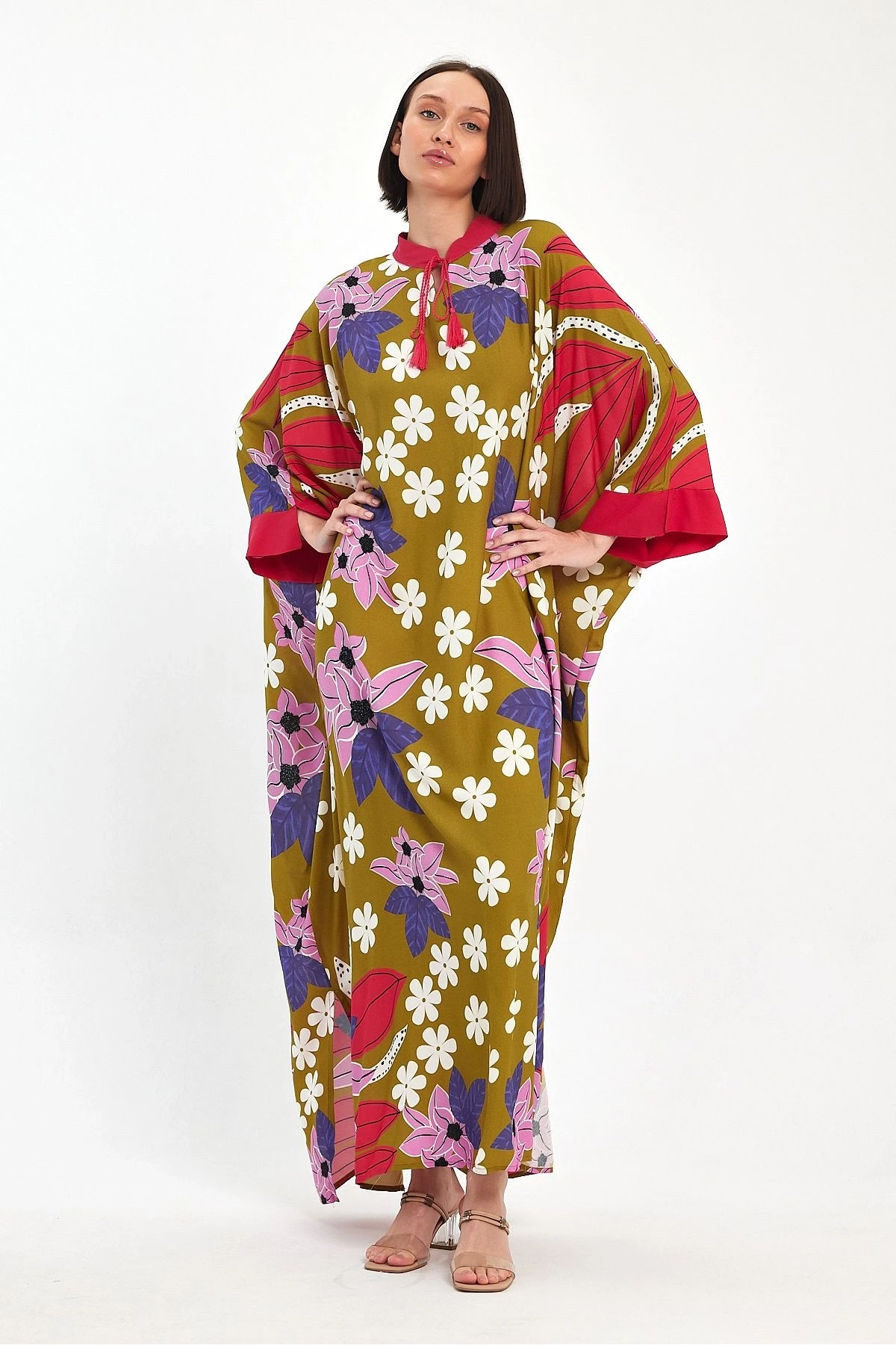 VP1069 Hakim Yaka Çiçek Desenli Büyük Beden Elbise HARDAL