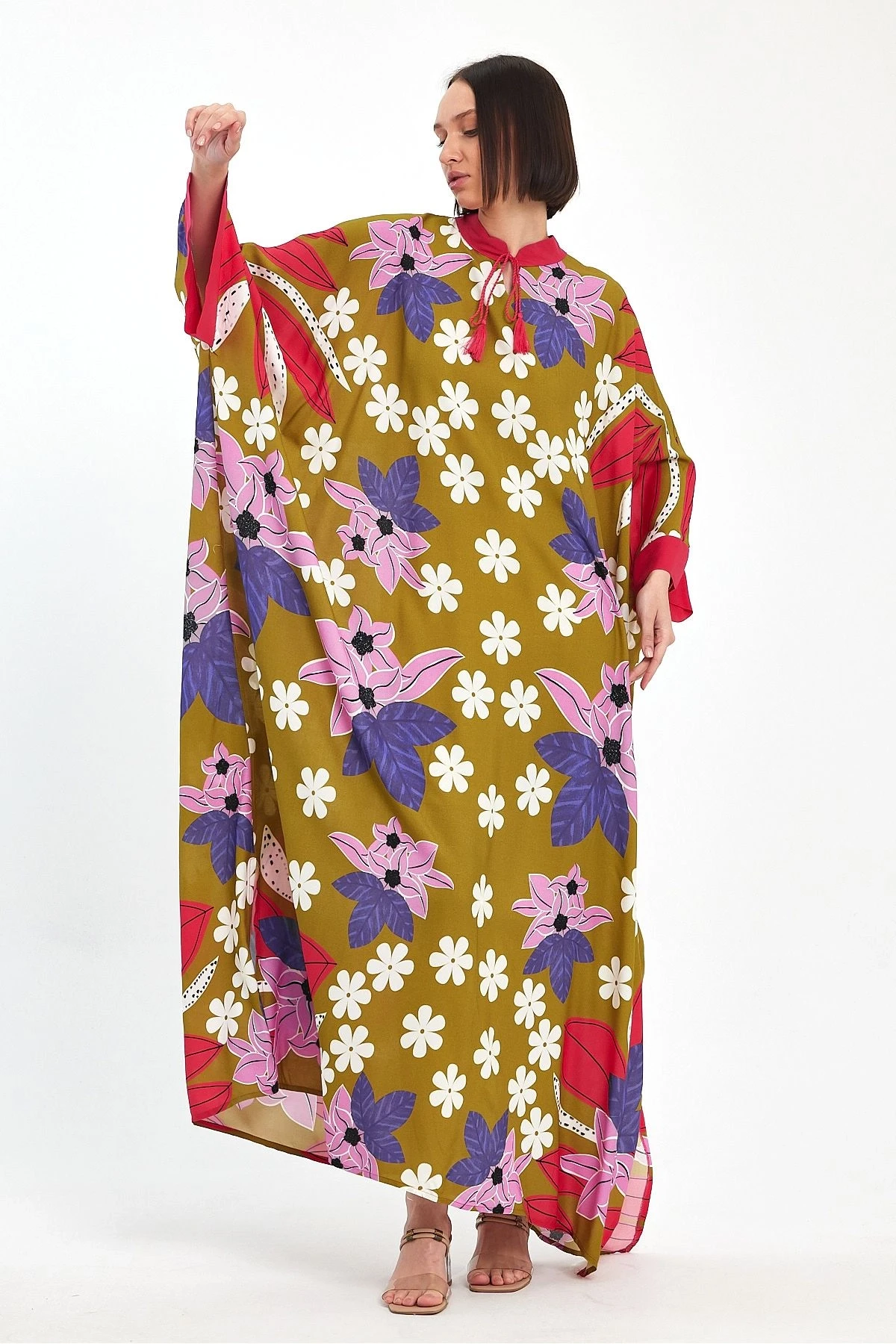 VP1069 Hakim Yaka Çiçek Desenli Büyük Beden Elbise HARDAL