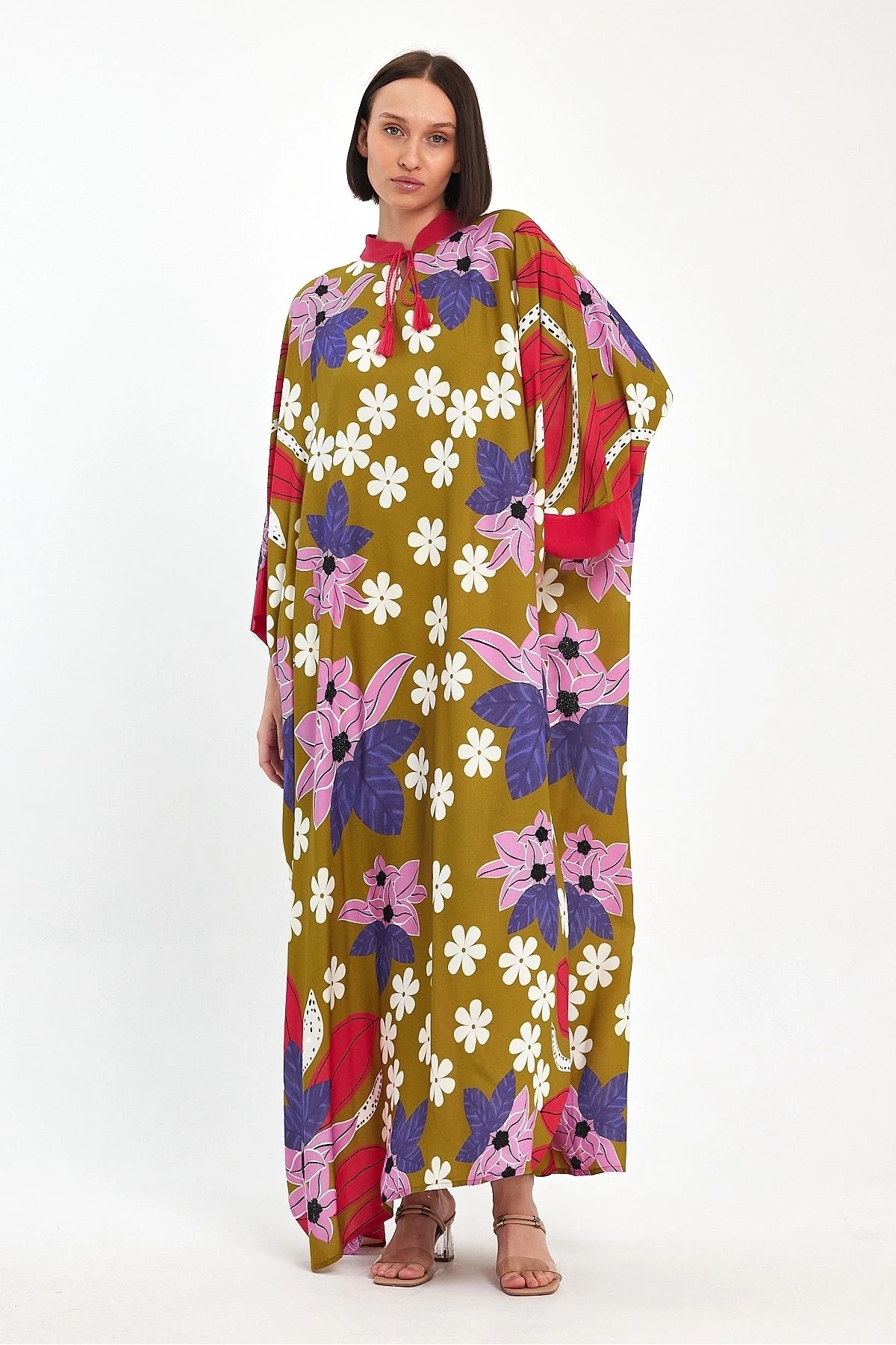 VP1069 Hakim Yaka Çiçek Desenli Büyük Beden Elbise HARDAL