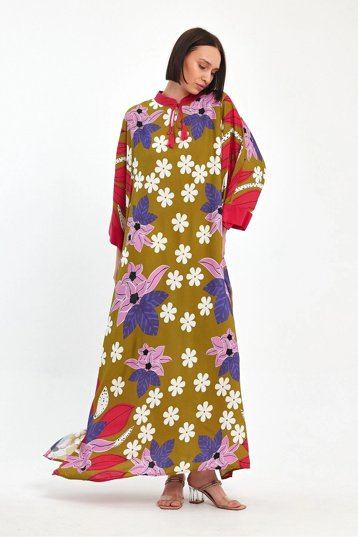VP1069 Hakim Yaka Çiçek Desenli Büyük Beden Elbise HARDAL
