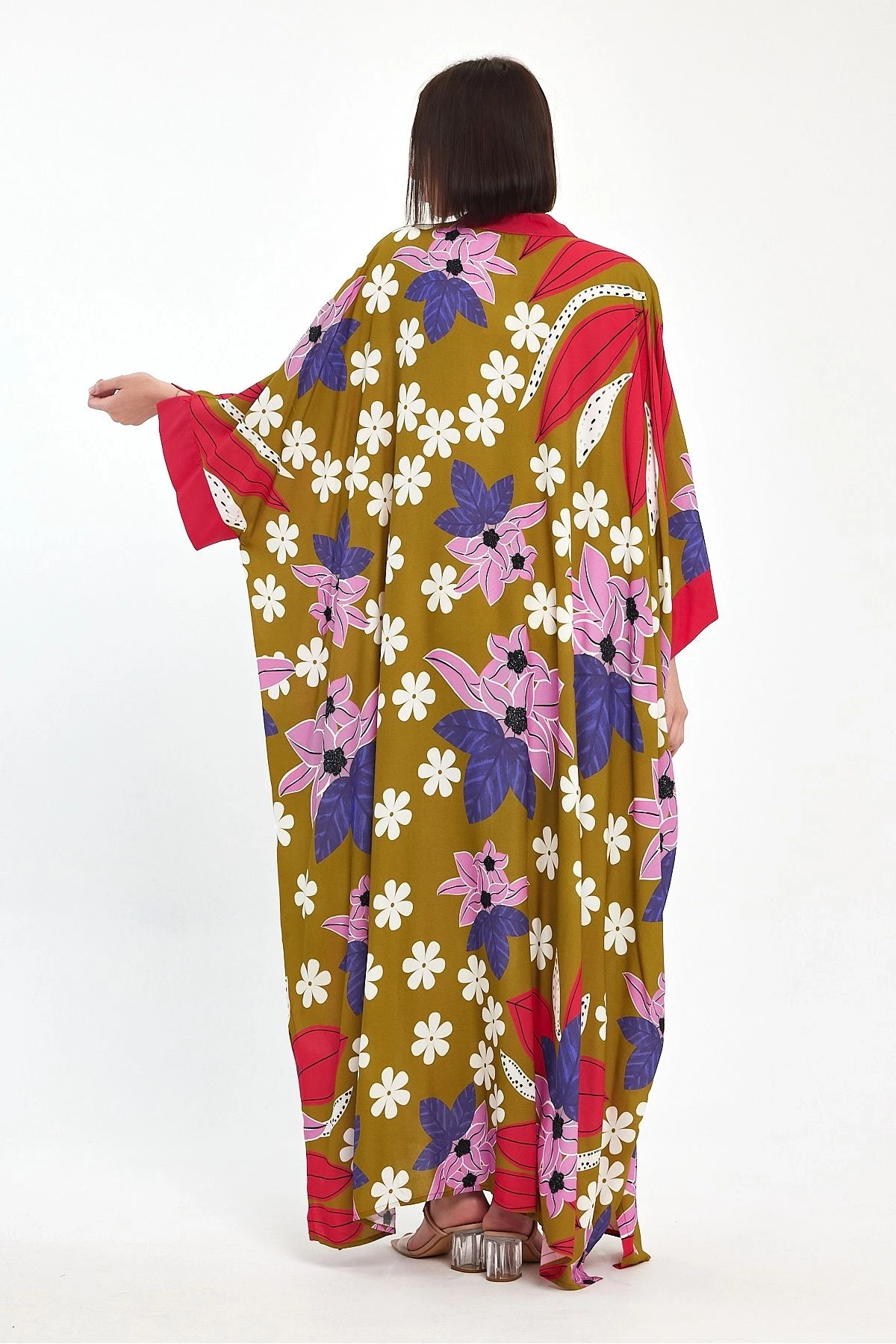 VP1069 Hakim Yaka Çiçek Desenli Büyük Beden Elbise HARDAL