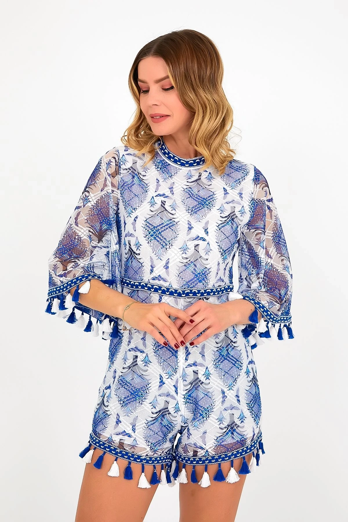 VP2257 Püskül&Dantel Detaylı Sırt Fermuarlı Mini Elbise MAVI