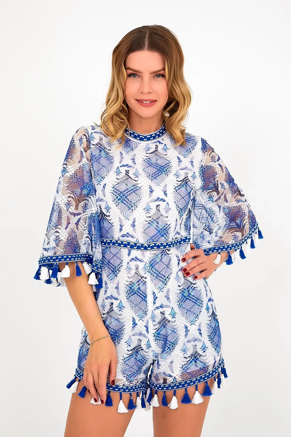 VP2257 Püskül&Dantel Detaylı Sırt Fermuarlı Mini Elbise MAVI