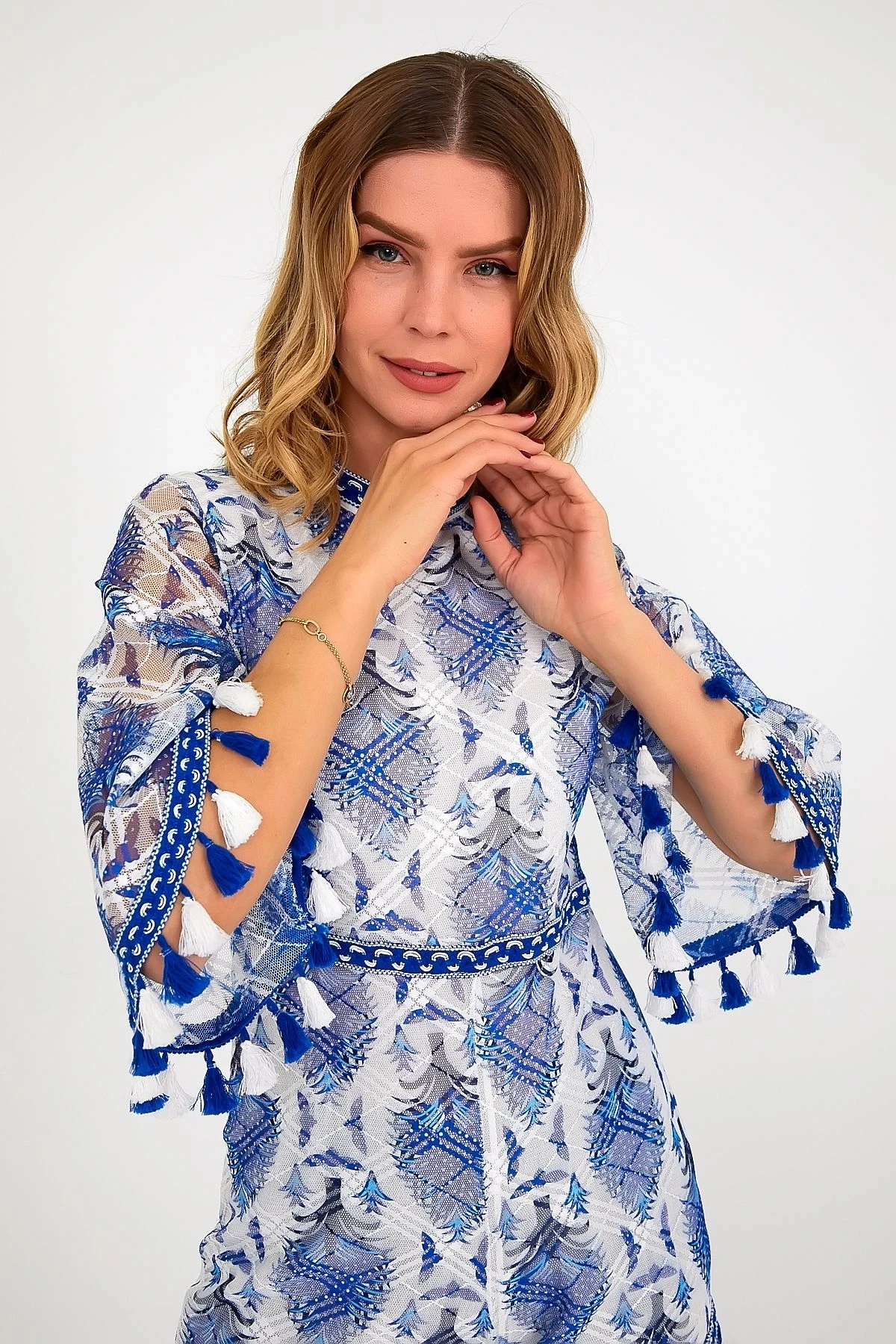 VP2257 Püskül&Dantel Detaylı Sırt Fermuarlı Mini Elbise MAVI