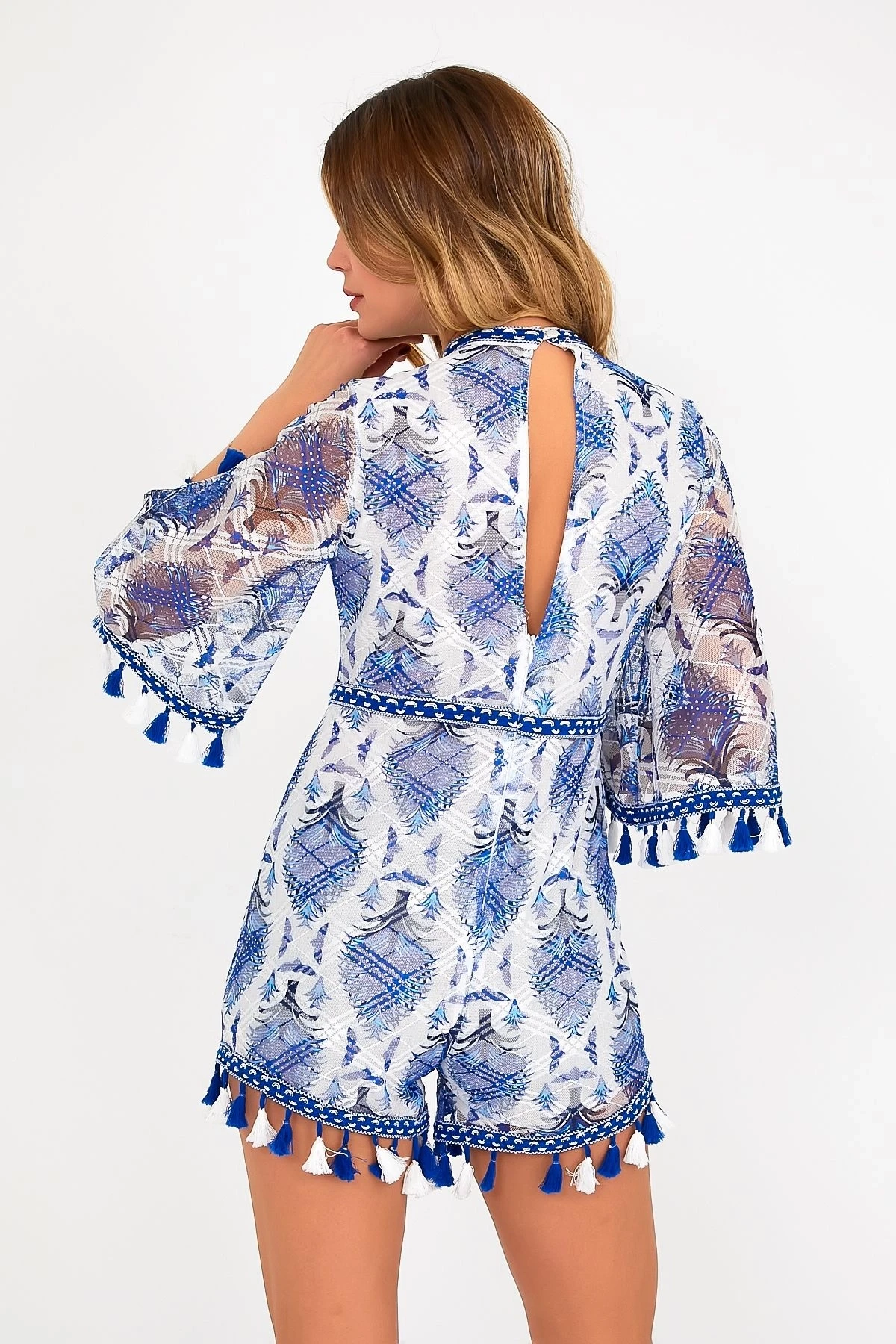 VP2257 Püskül&Dantel Detaylı Sırt Fermuarlı Mini Elbise MAVI