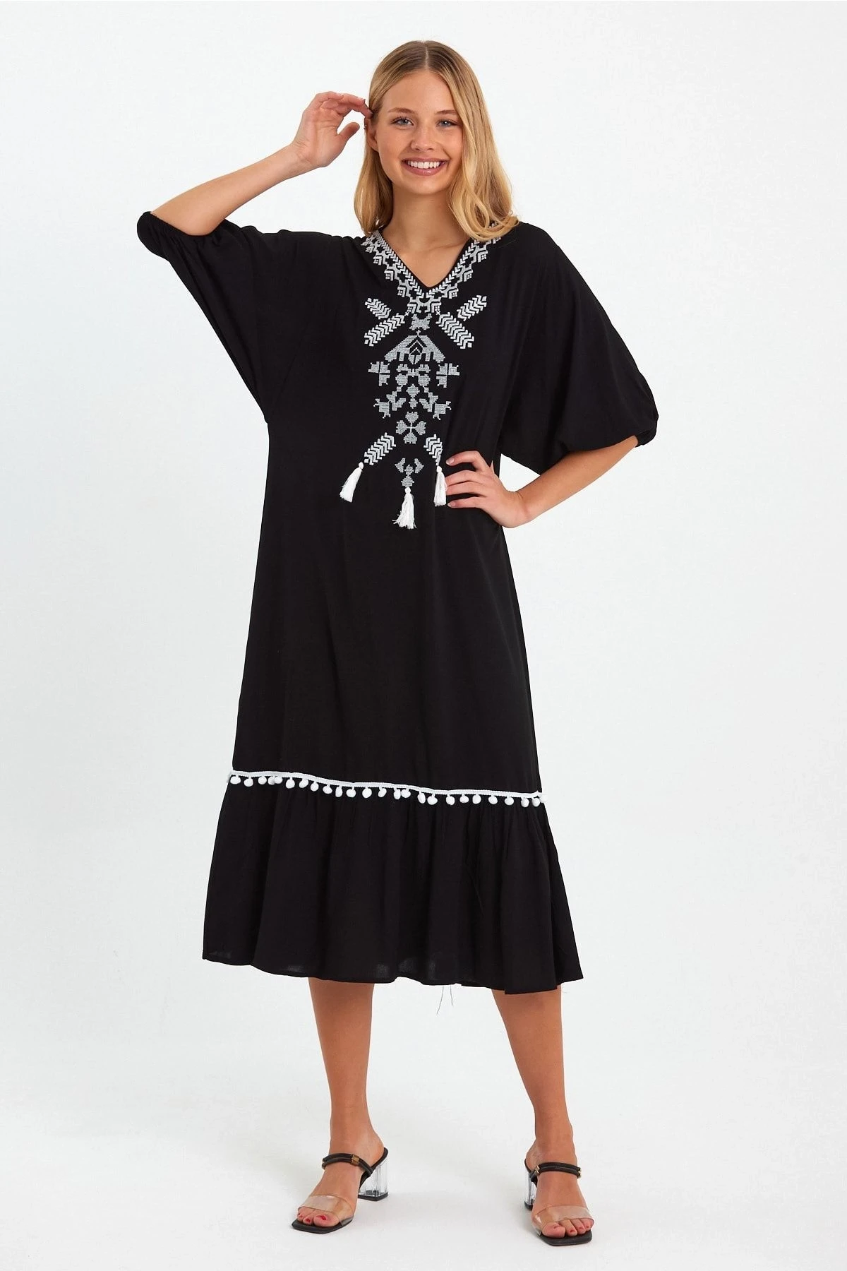 VP8165 Nakış Detaylı Püsküllü Balon Kol Elbise SIYAH