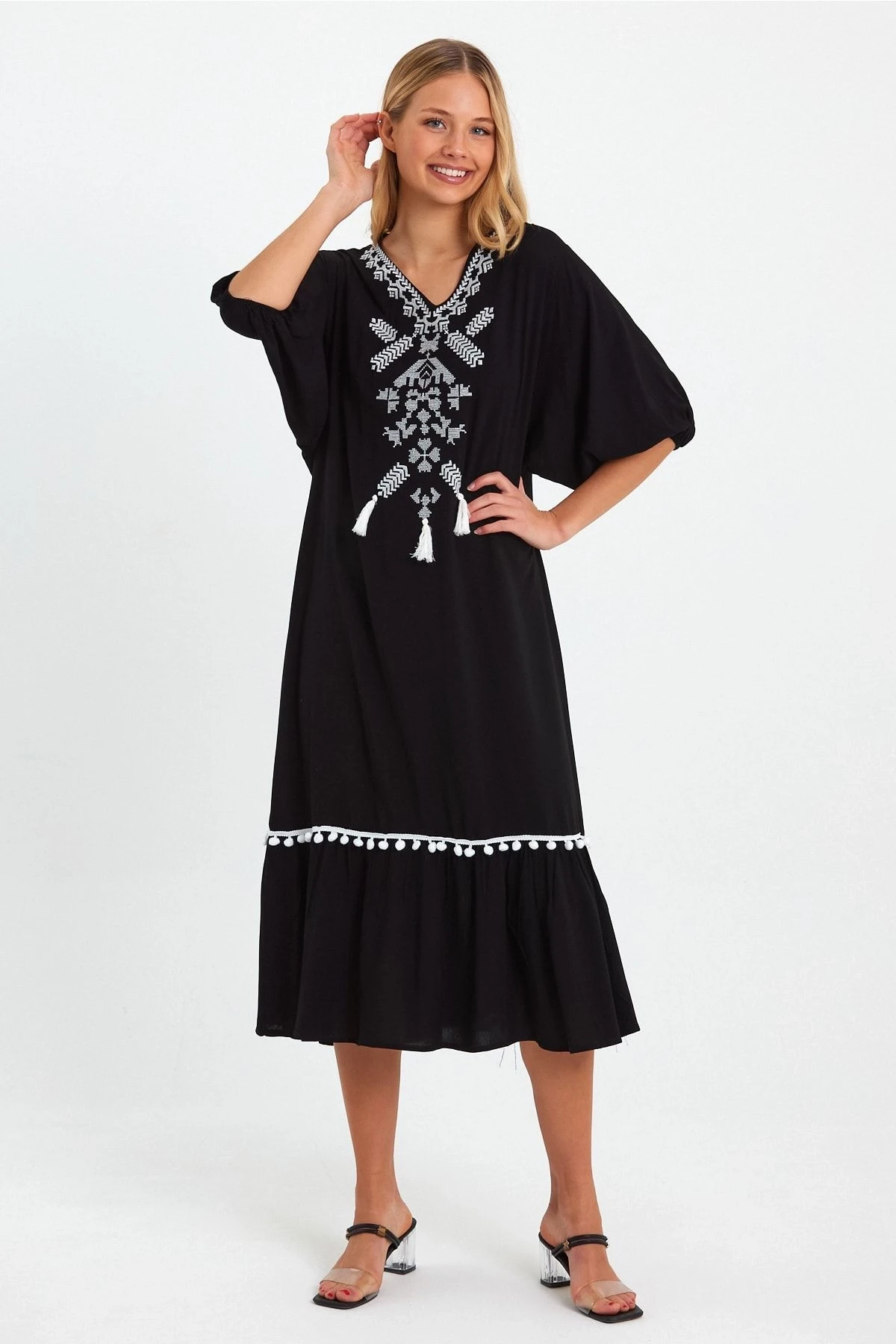 VP8165 Nakış Detaylı Püsküllü Balon Kol Elbise SIYAH