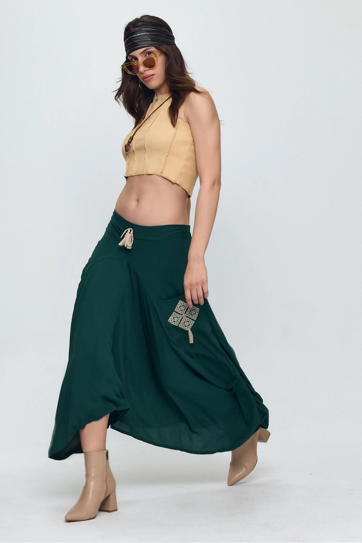 VP900 Bel Lastikli Nakış Detay Bağcıklı Otantik Şalvar Etek PETROL