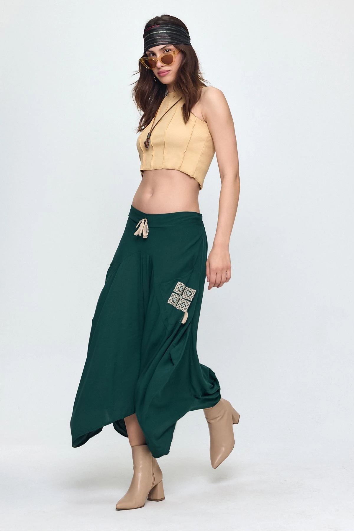 VP900 Bel Lastikli Nakış Detay Bağcıklı Otantik Şalvar Etek PETROL