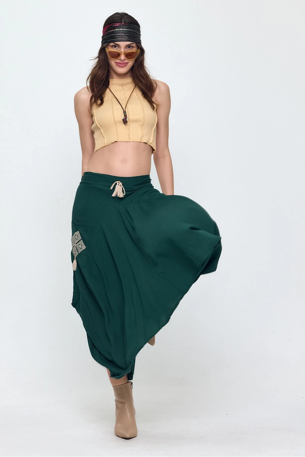 VP900 Bel Lastikli Nakış Detay Bağcıklı Otantik Şalvar Etek PETROL