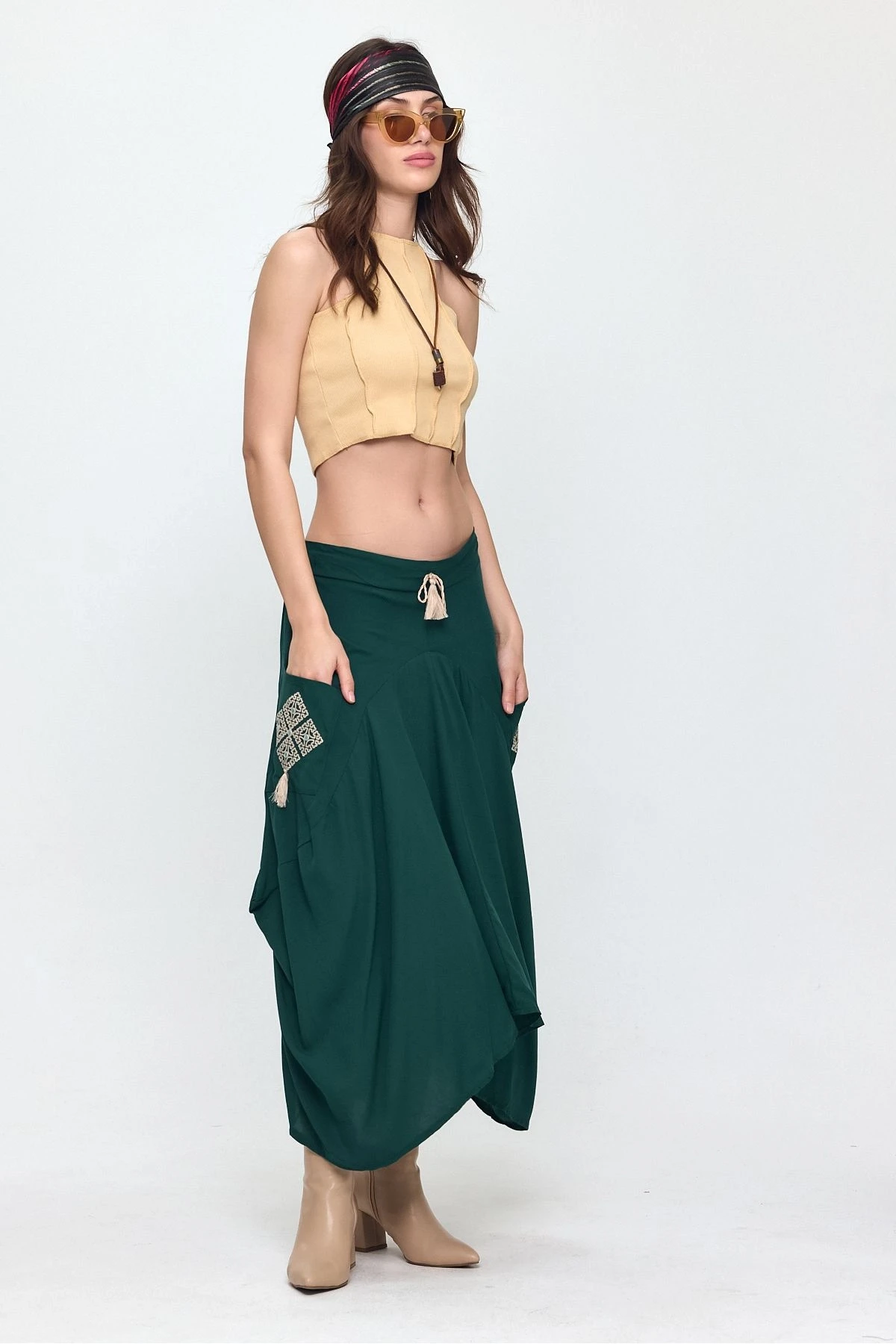 VP900 Bel Lastikli Nakış Detay Bağcıklı Otantik Şalvar Etek PETROL