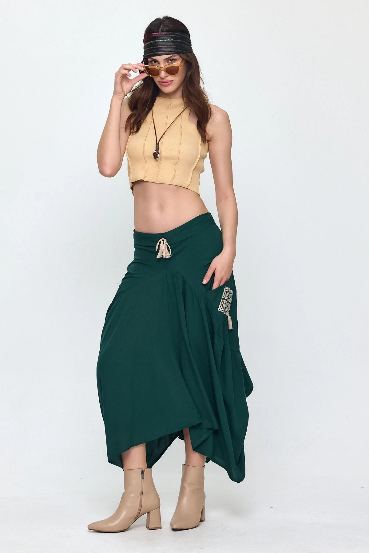 VP900 Bel Lastikli Nakış Detay Bağcıklı Otantik Şalvar Etek PETROL