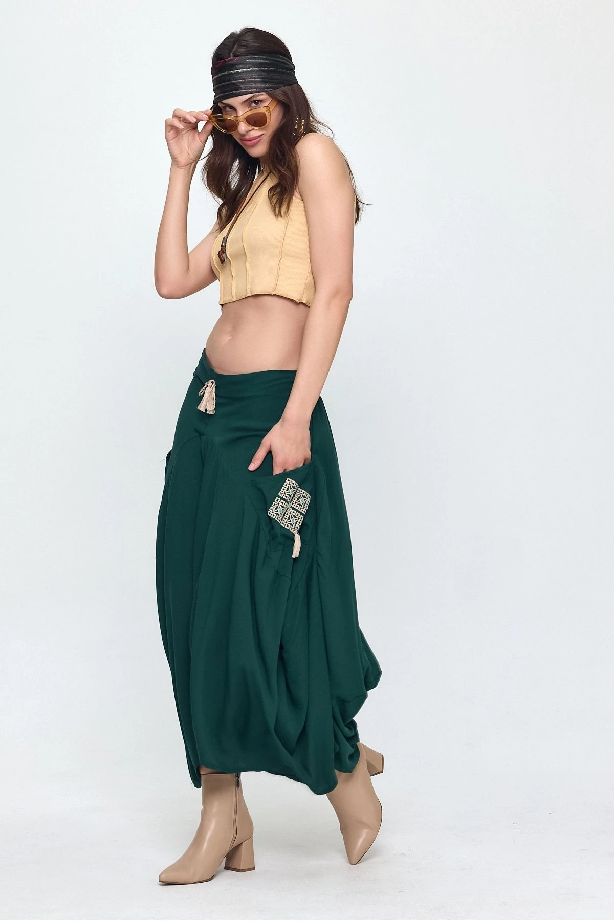 VP900 Bel Lastikli Nakış Detay Bağcıklı Otantik Şalvar Etek PETROL