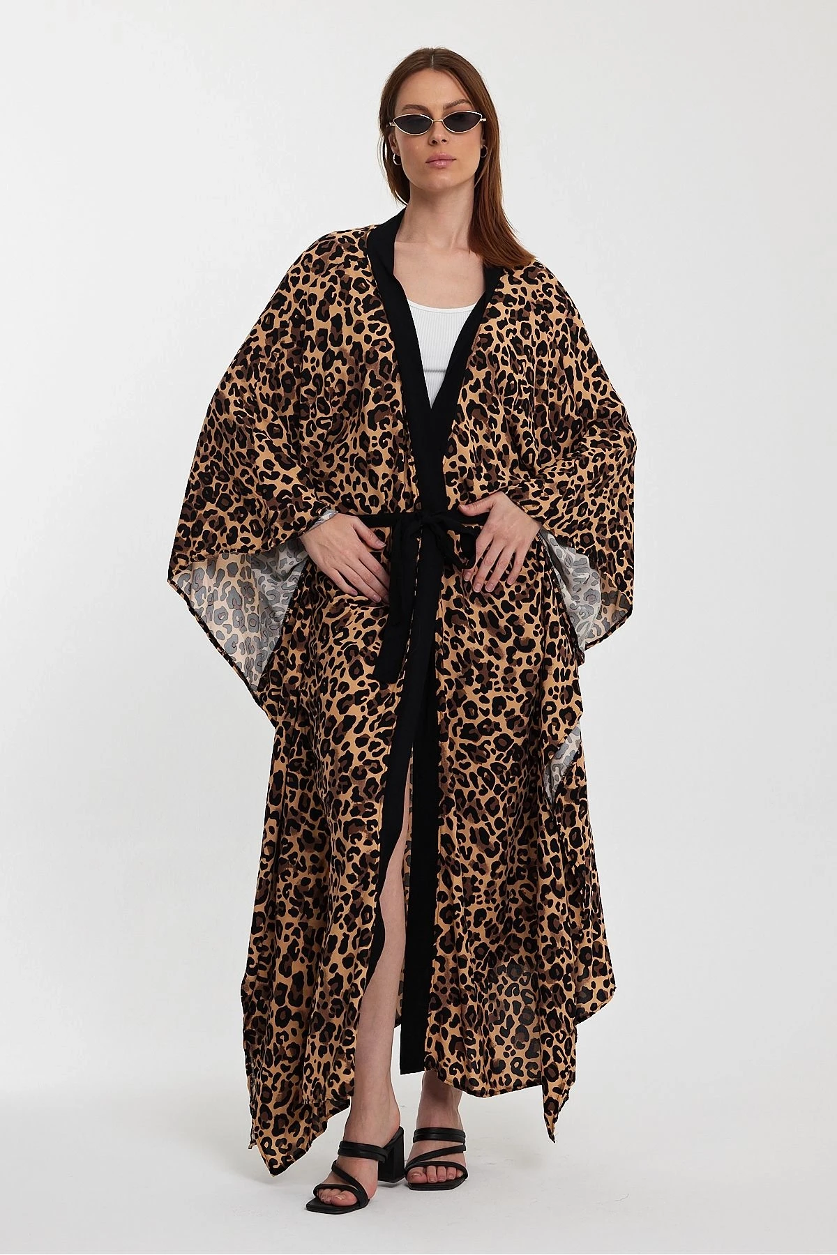 VP964 Leopar Desenli Kemerli Standart Beden Kimono Kaftan LEOPAR