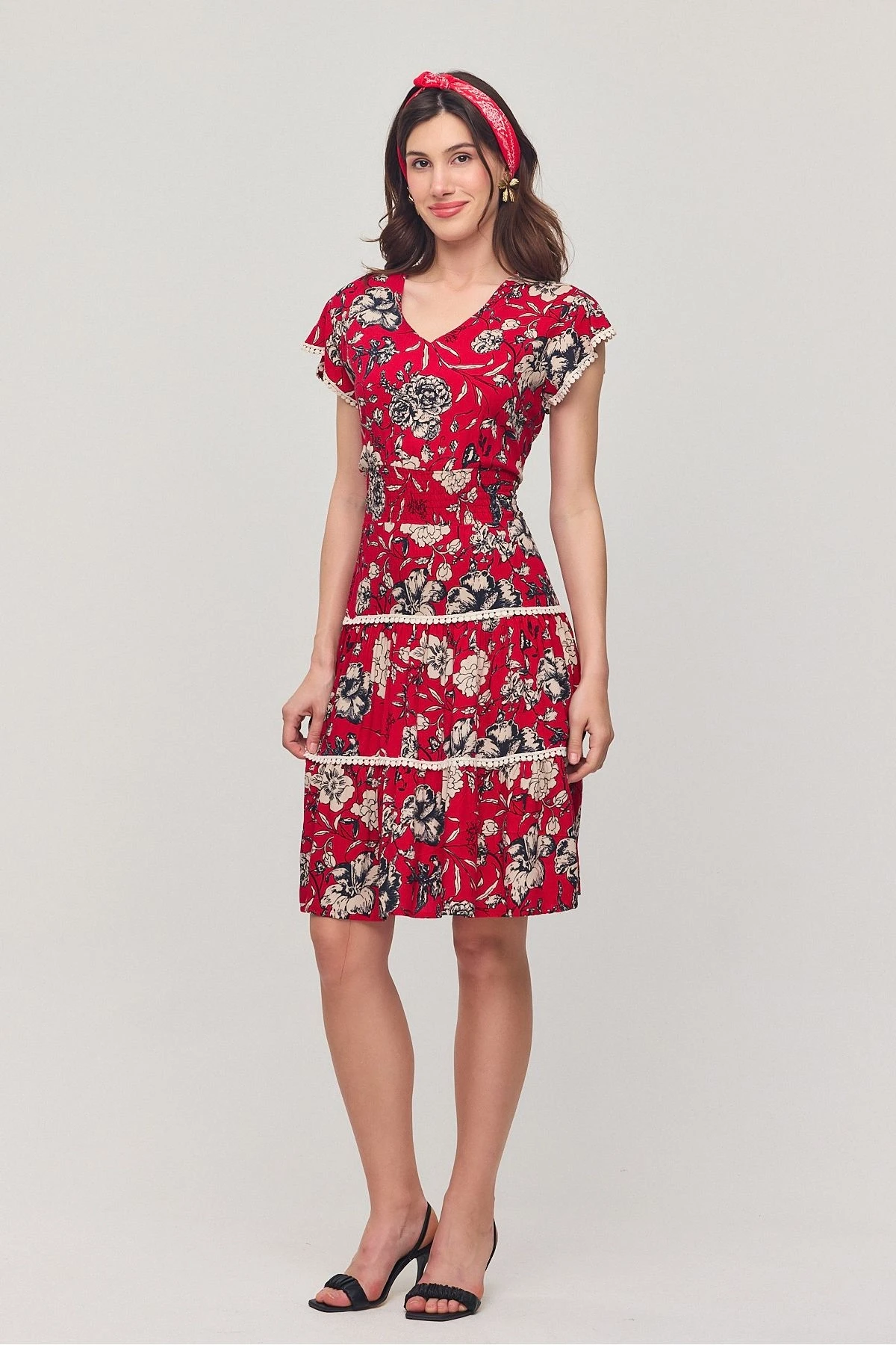 VPV054 Kadın V Yaka Güpür Detaylı Gipeli Mini Elbise KIRMIZI