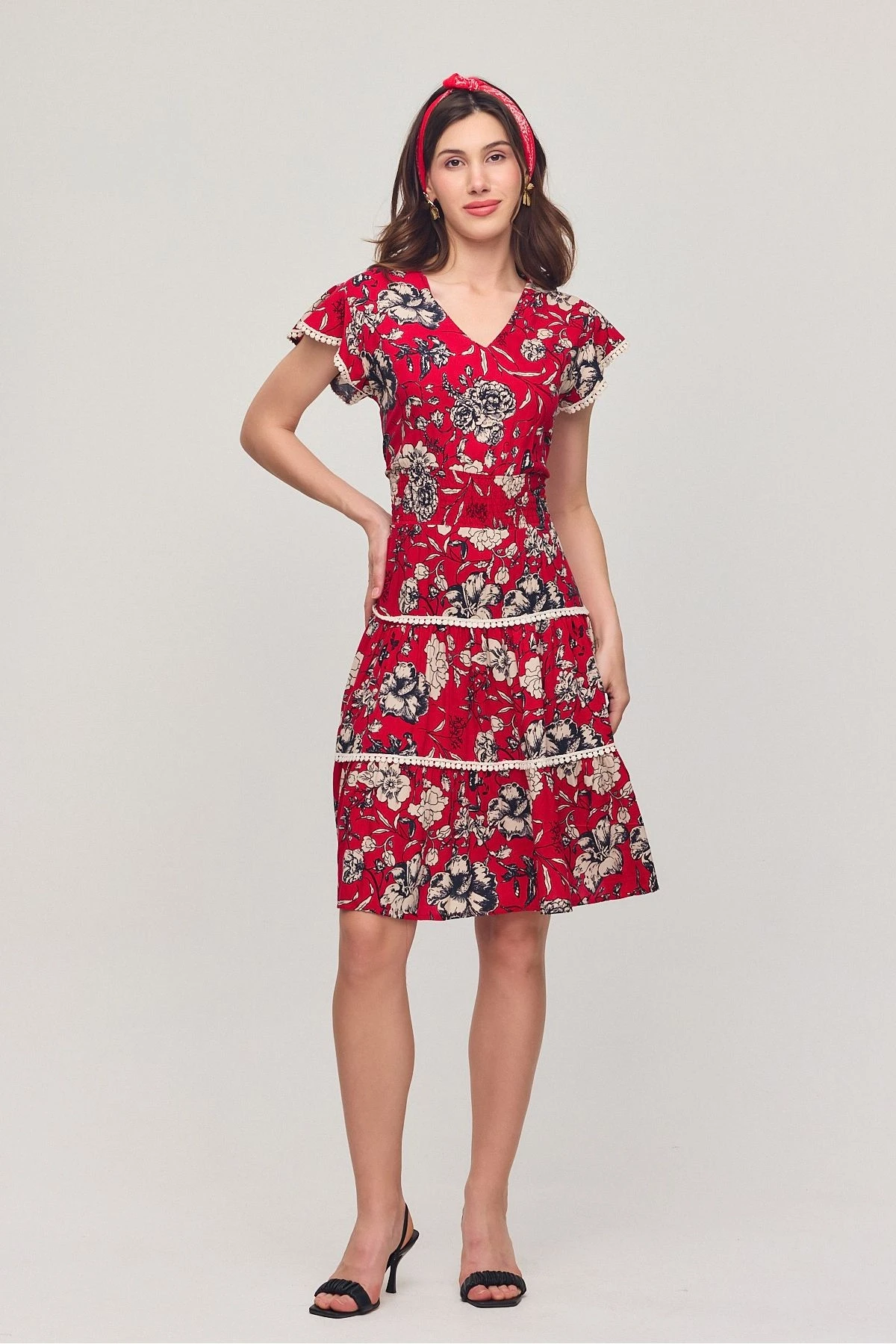 VPV054 Kadın V Yaka Güpür Detaylı Gipeli Mini Elbise KIRMIZI