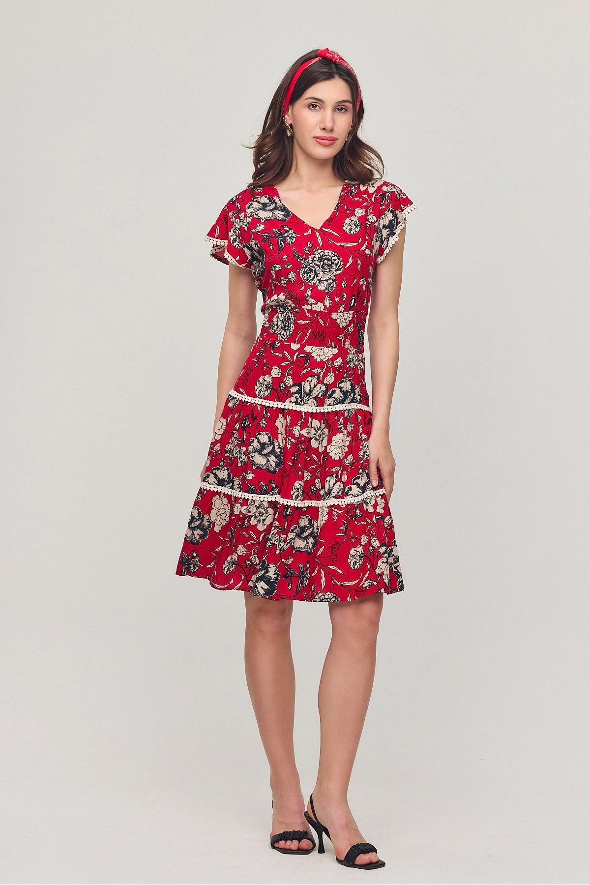 VPV054 Kadın V Yaka Güpür Detaylı Gipeli Mini Elbise KIRMIZI