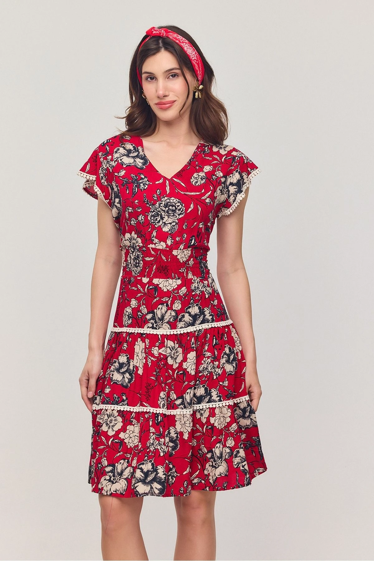 VPV054 Kadın V Yaka Güpür Detaylı Gipeli Mini Elbise KIRMIZI