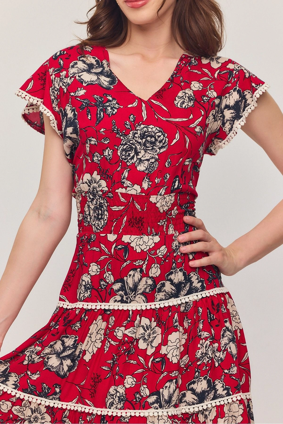 VPV054 Kadın V Yaka Güpür Detaylı Gipeli Mini Elbise KIRMIZI