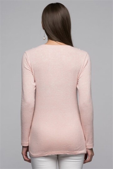 7440938 Yumoş İki Omuzu İncili Uzun Kol Bluz PUDRA