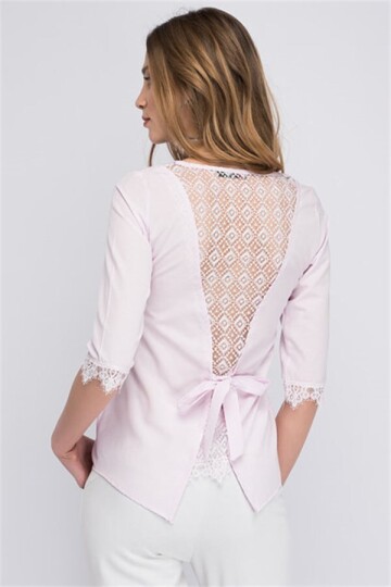 8129314 V Yaka Sırtı Tül Dantel Bağlamalı Kolucu Güpür Bluz PUDRA
