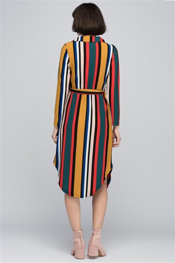 8081084 Krep Kruvaze Ceket Yaka Cepli Kuşaklı Elbise HARDAL-MERCAN