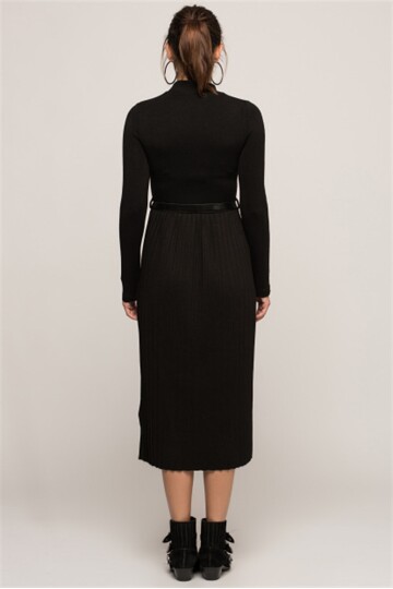7372011 Yarım Balıkçı Eteği Pliseli Kemerli Uzun Elbise SIYAH